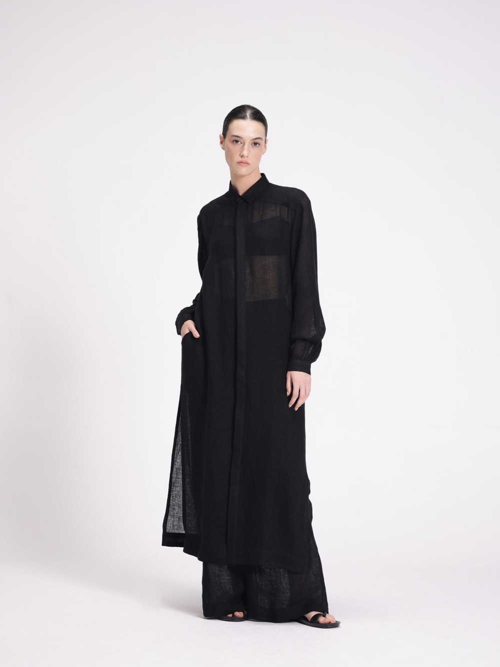 Turn Black Linen Gauze SHEER SHIRT DRESS medium maxi coat